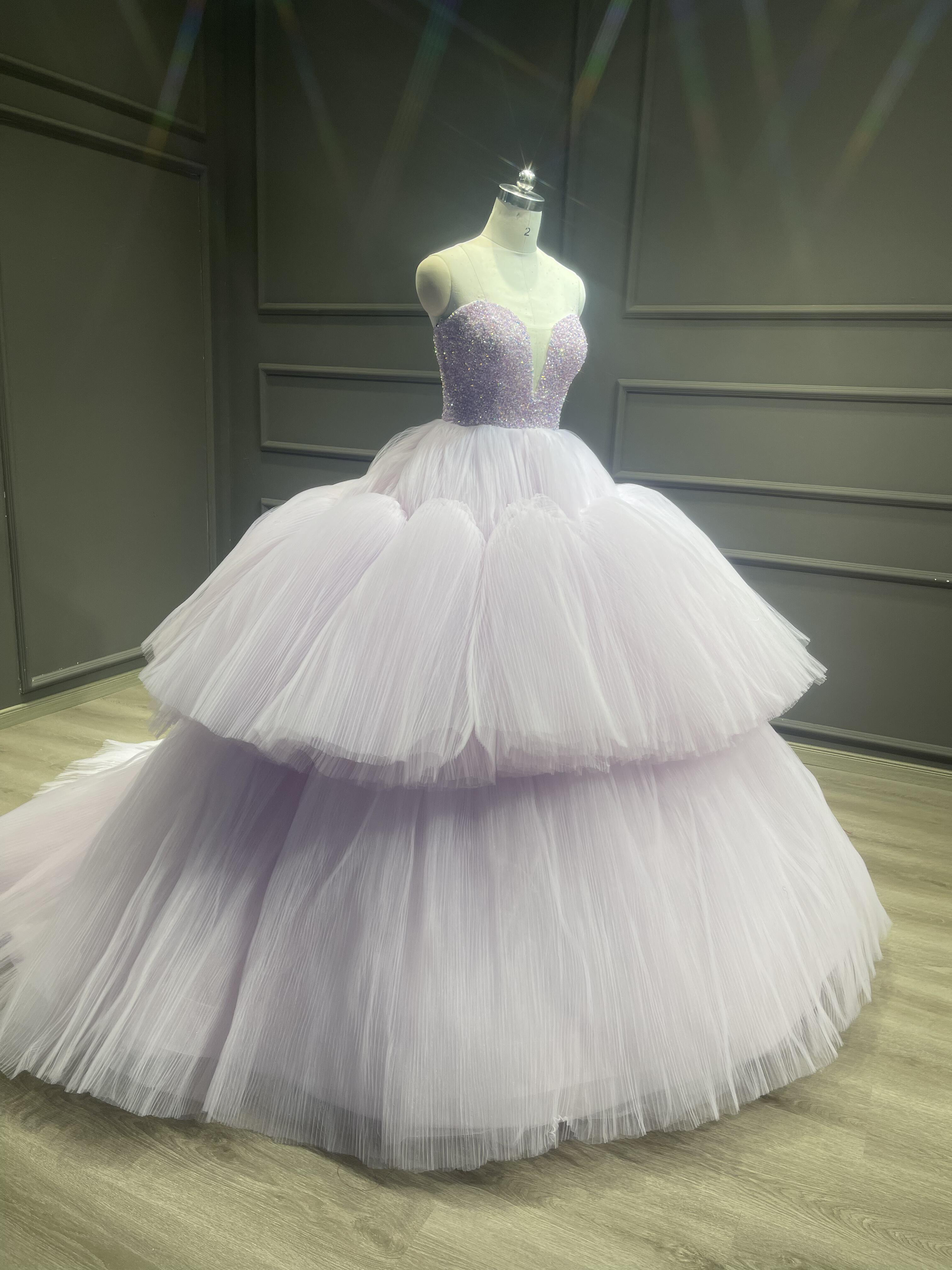 美しい　パープル　お色直し　サイズオーダー可能ストーン　多層チュール　プリンセスライン　ノースリーブ高品質保証　ラッフル