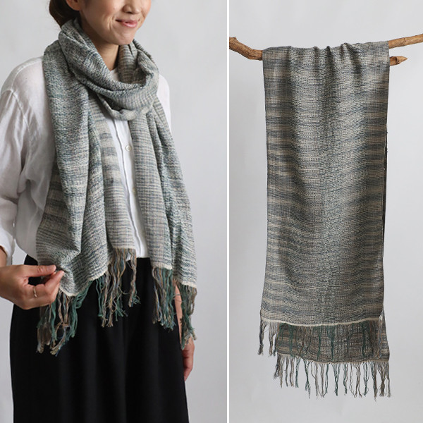 ラスト２　最終ＳＡＬＥ　 手紡ぎ　草木染め糸　手織り布　大判ストール　コットン　ショール　日差し除け　E61K