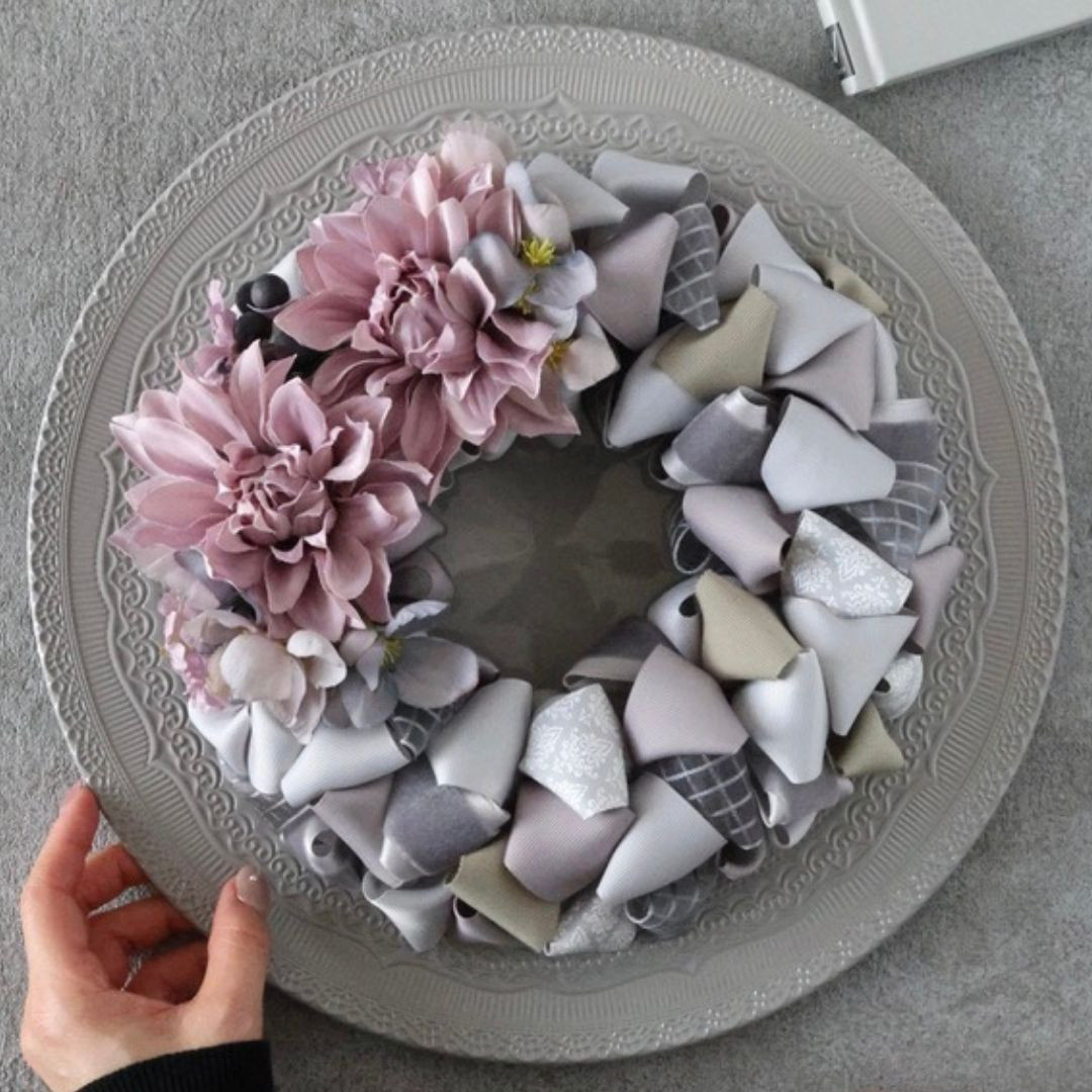 ダリアの春色リース　：リボン　大人　シック　春　大人シック