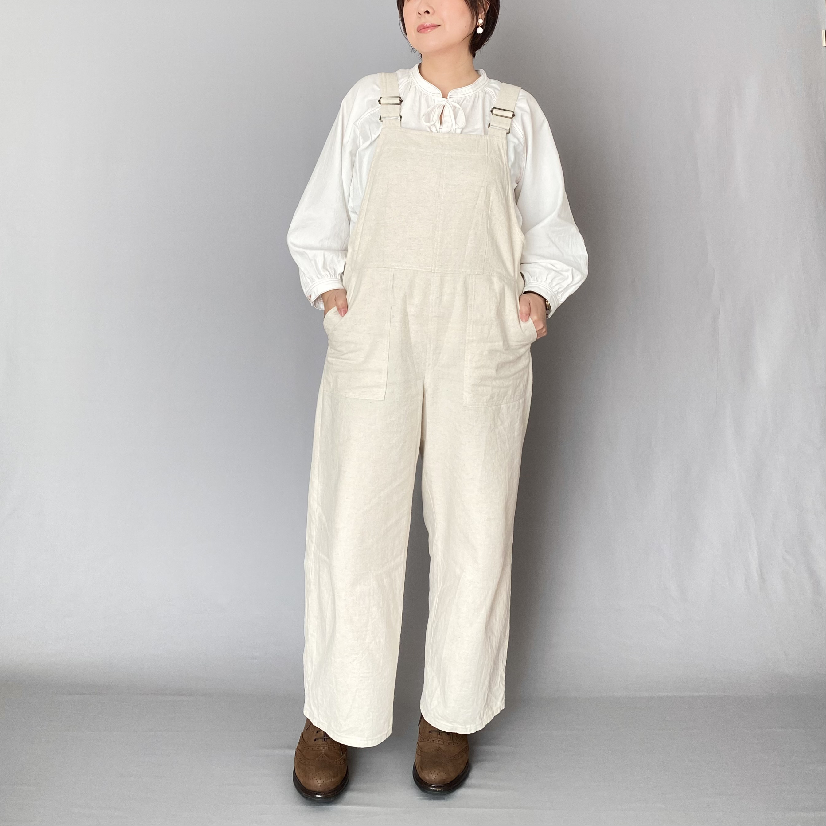 着脱も楽々♪万能サロペット〈ナチュラル 生成り〉大人 レディース 春夏 綿麻キャンバス オーバーオール