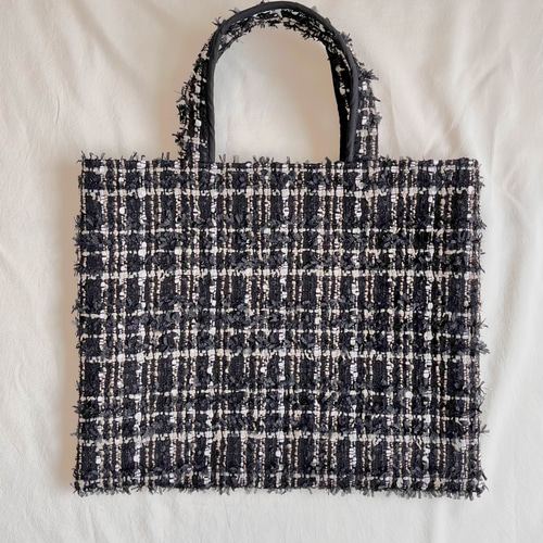 ツイード レッスンバッグ ブラック×ベージュチェック A4 サブバッグ