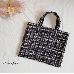 ドット ネイビー ツイードレッスンバッグ A4 サブバッグ トートバッグ