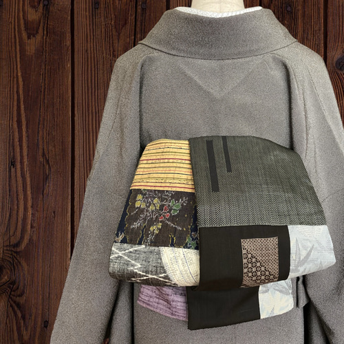 *絹お着物リメイク　パッチワーク*22　大人の兵児帯　半幅帯　長尺　ハンドメイド 紬お着物リメイク パッチワーク* 大人の兵児帯 半幅帯 長尺455cm 和装