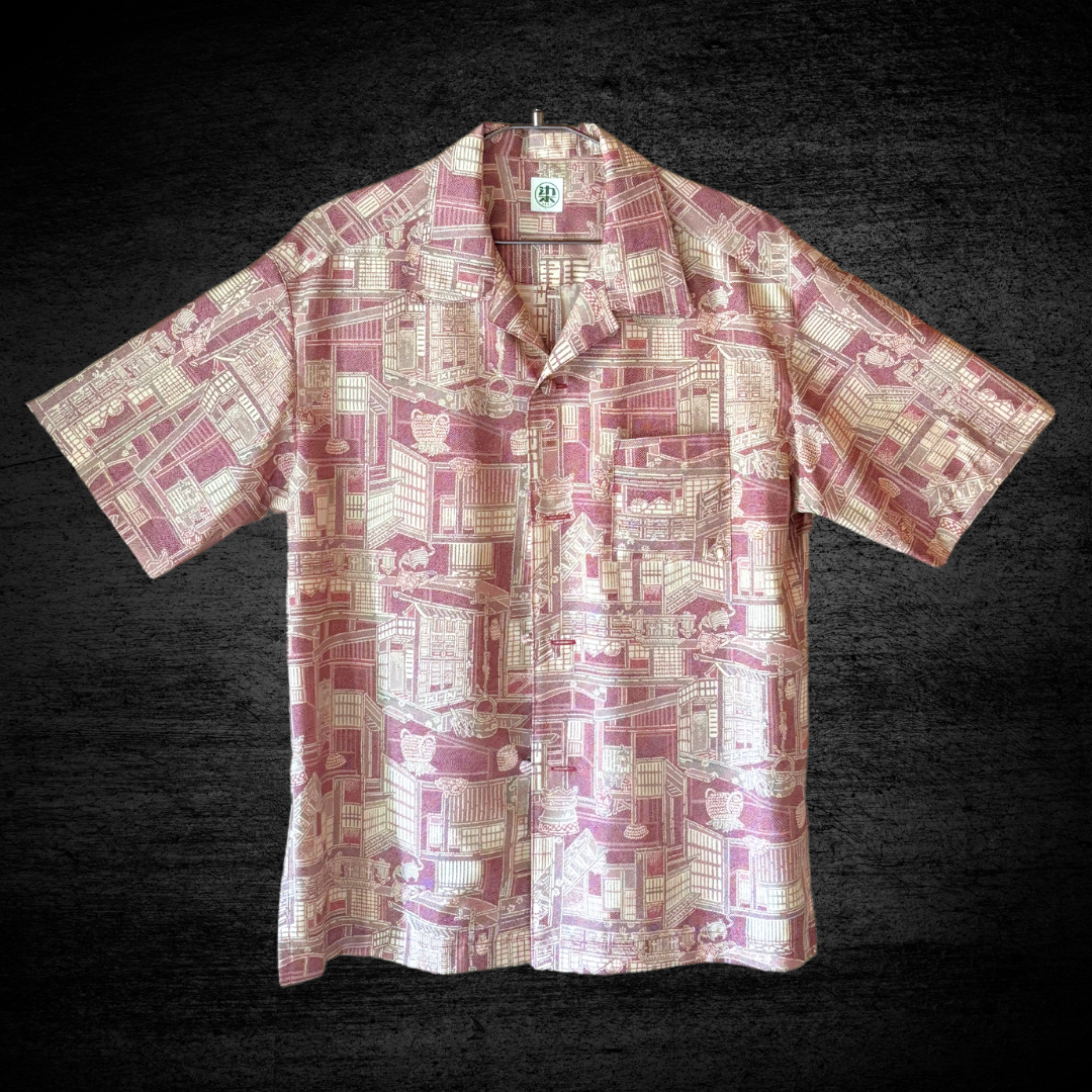 洗える着物アロハシャツ【正絹】　型染め・日本家屋　メンズ Mサイズ