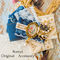 no.156 ハンドメイド　デニム刺繍リボンとビジューの華やかヘアクリップ✩.＊ 2e98d517e79b3abf4c128b10da9eb4