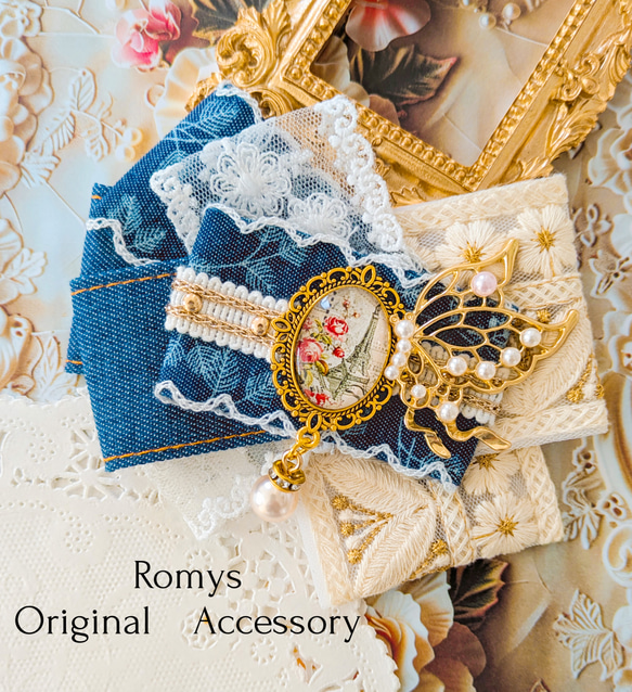 denim&刺繍ヘアクリップ