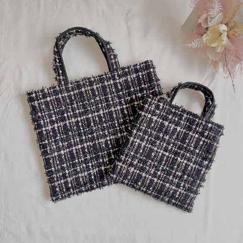 2wayツイードトート ミニ ブラック×ベージュチェック ポシェット 斜