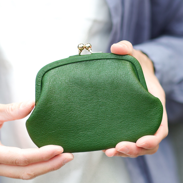 送料無料 小さい財布 革巻き がま口 シュリンクスムース ミニ財布 ガマ口 ガマグチ ボトルグリーン 1枚目の画像