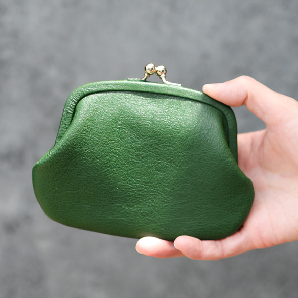 送料無料 小さい財布 革巻き がま口 シュリンクスムース ミニ財布 ガマ口 ガマグチ ボトルグリーン 6枚目の画像