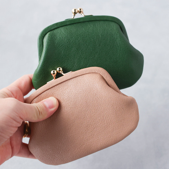 送料無料 小さい財布 革巻き がま口 シュリンクスムース ミニ財布 ガマ口 ガマグチ ボトルグリーン 2枚目の画像