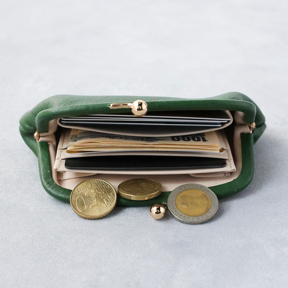 送料無料 小さい財布 革巻き がま口 シュリンクスムース ミニ財布 ガマ口 ガマグチ ボトルグリーン 4枚目の画像