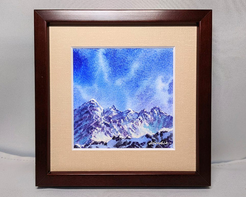 槍ケ岳遠望」 アート 水彩画 透明水彩絵具 小品 山岳画 北