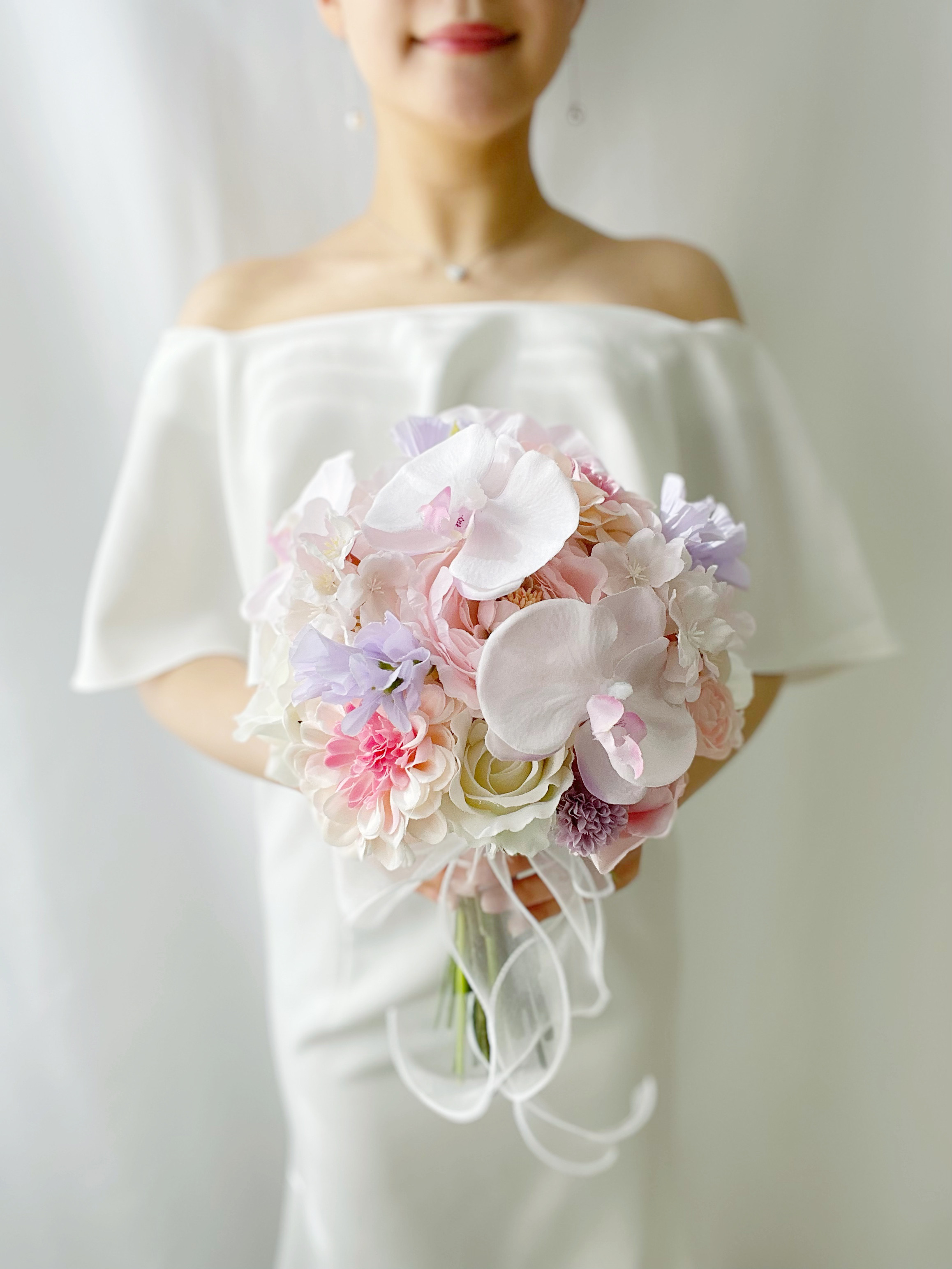 【受注制作商品】透明感桜ラウンドブーケ　ピンクブーケ　春ブーケ　胡蝶蘭ブーケ　ウェディングブーケ　和装ブーケ