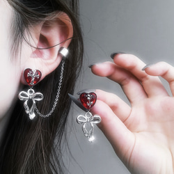 3色展開］ハートストーンのチェーンピアス-両耳用 / ゴシック メンヘラ