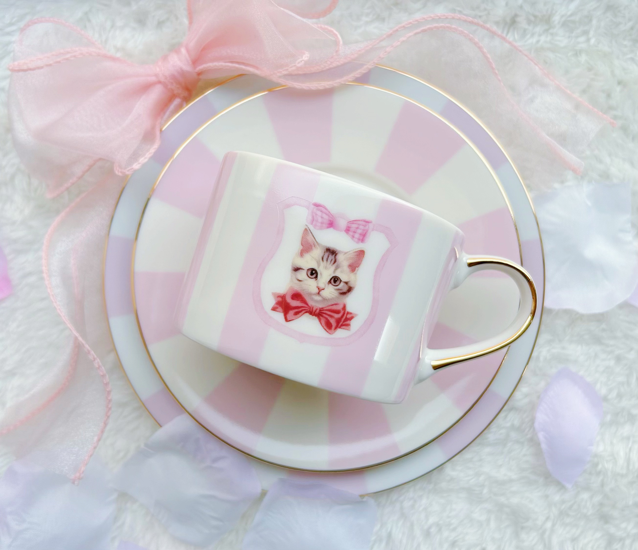 【選べる猫ちゃん♡】ストライプのティーセット【ピンク】