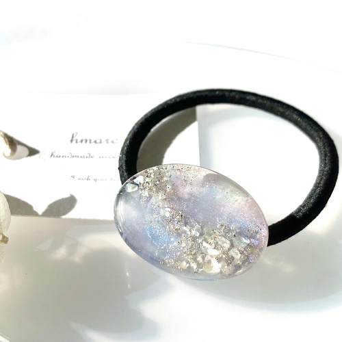 レジンヘアゴム　オーバル　大ぶり　ブルー　雪　水色　冬　銀 天使のはしご ／ オーバル 大人 レジン ヘアゴム ／ ブルー × パープル