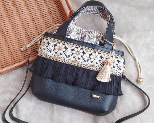 インディゴハート柄デニム♡刺繍のショルダーバッグ♡フリルリボン猫ちゃん インディゴハート柄デニム♡刺繍のショルダーバッグ♡フリル