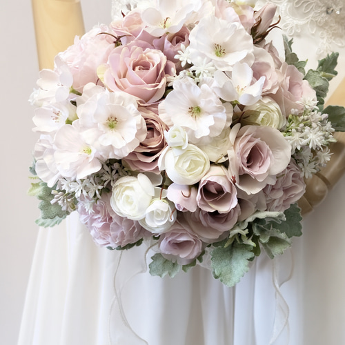 ウエディングブーケ(優しさのピンクベージュのバラ) ブートニア込み