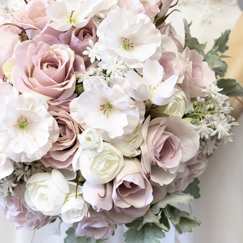 ウエディングブーケ(優しさのピンクベージュのバラ) ブートニア込み