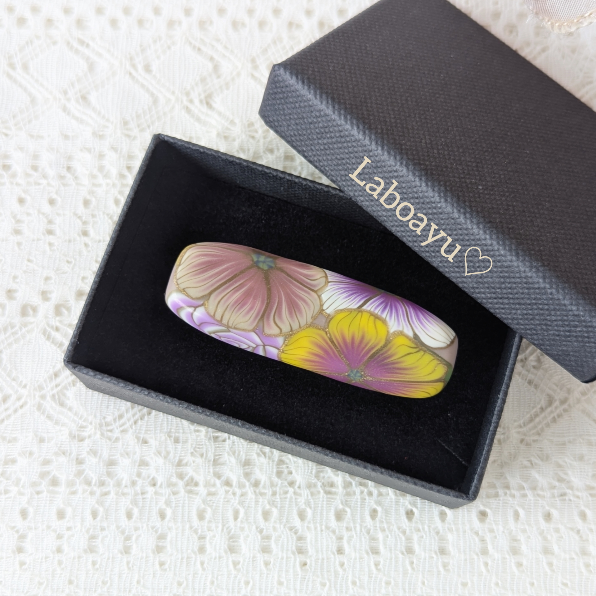 スリム帯留め〈Harvest・金鳳花&Rose〉×灰桜