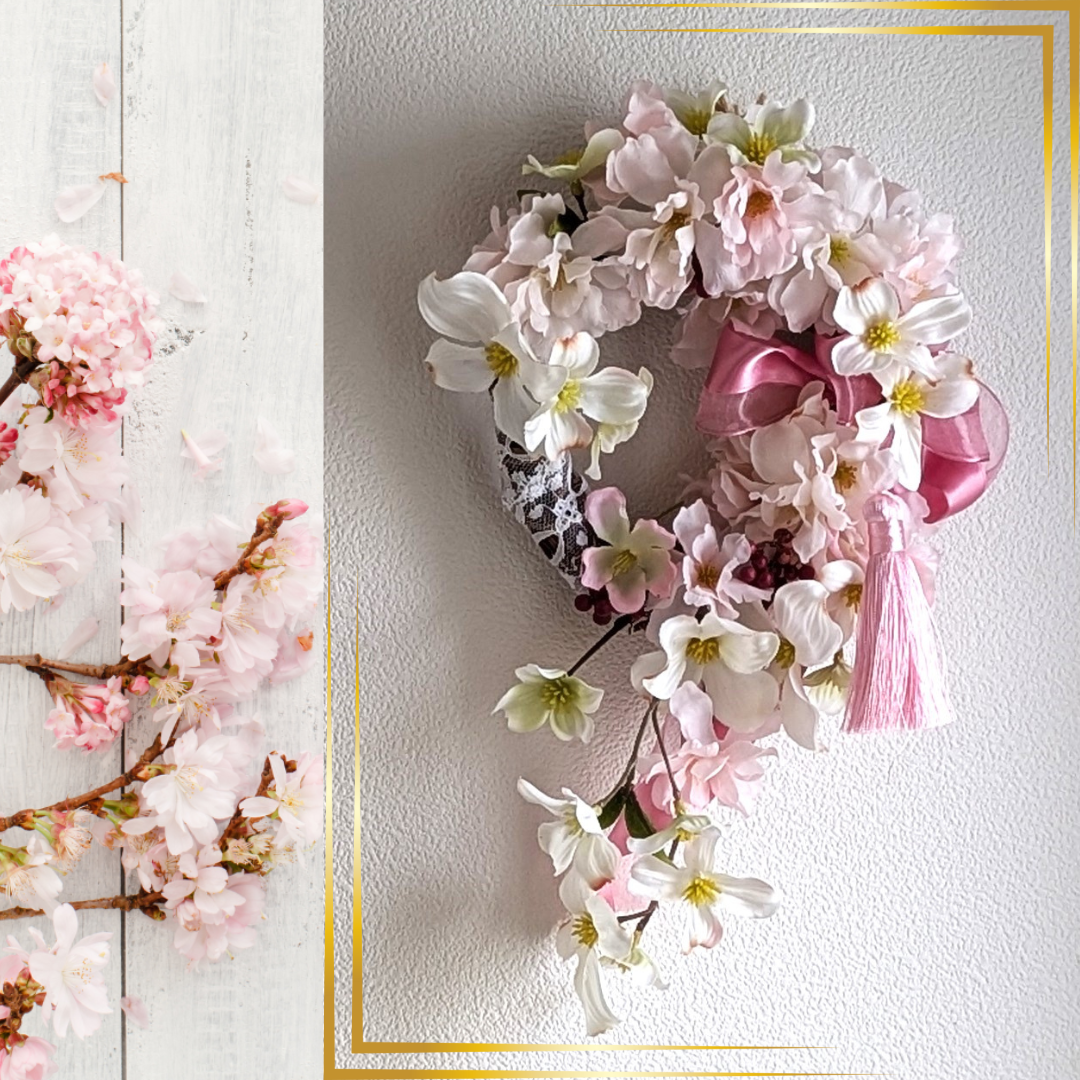 ずっときれい！桜とハナミズキ　フランスリボンのアーティフィシャルフラワー（造花）リース