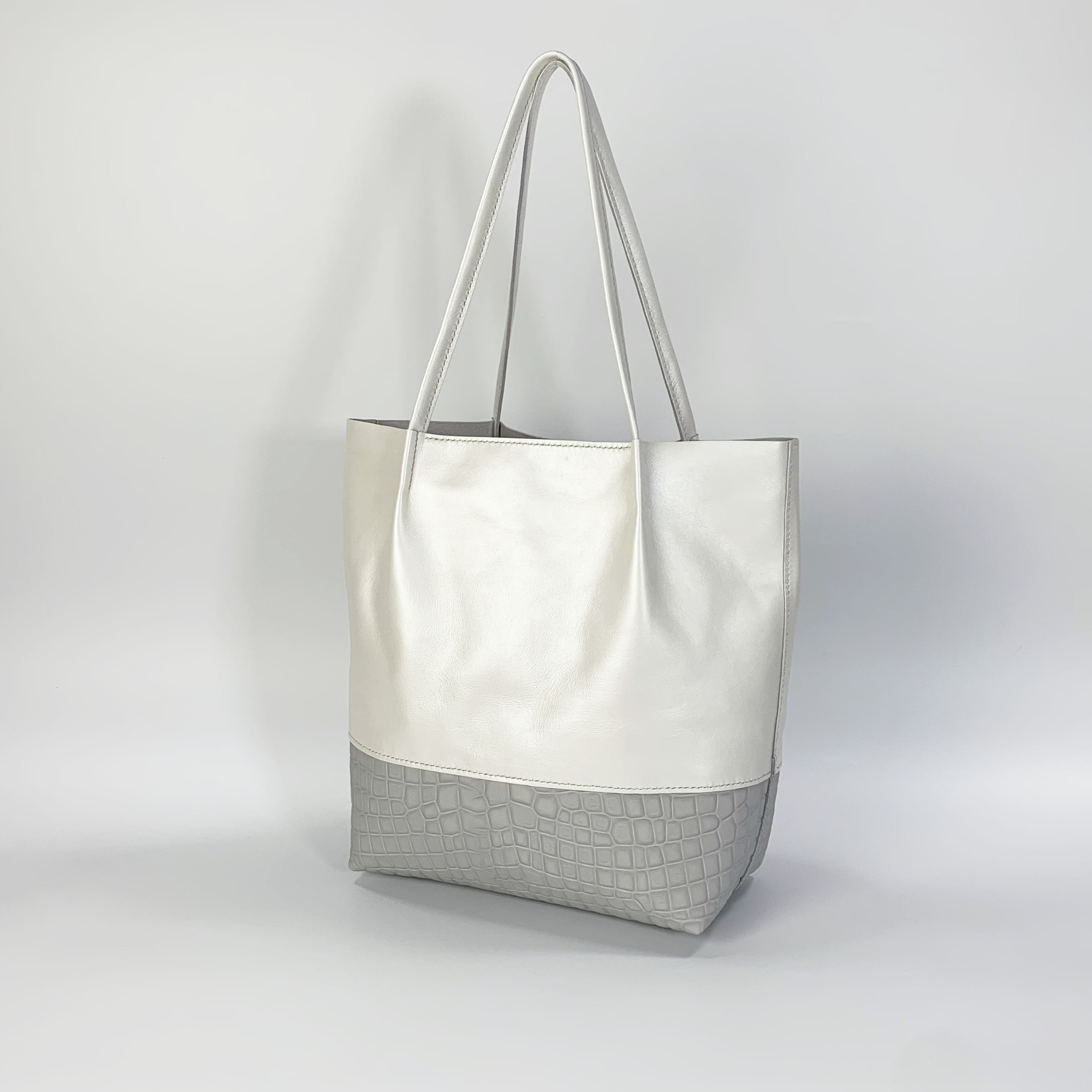 [A4対応]本革トートバック(バイカラー)  パールホワイト+ライトグレー