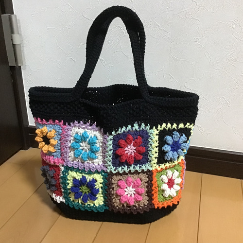 花モチーフバック☆18☆ニットバック☆編み物 トートバッグ プリシラ