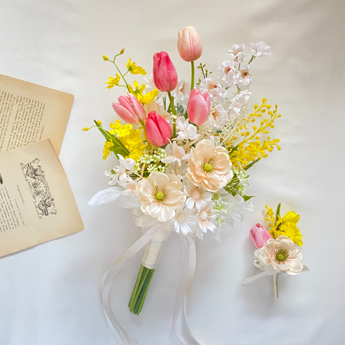【造花】ウエディングブーケ　ミモザとチューリップ チューリップとミモザのブーケ | recoco015