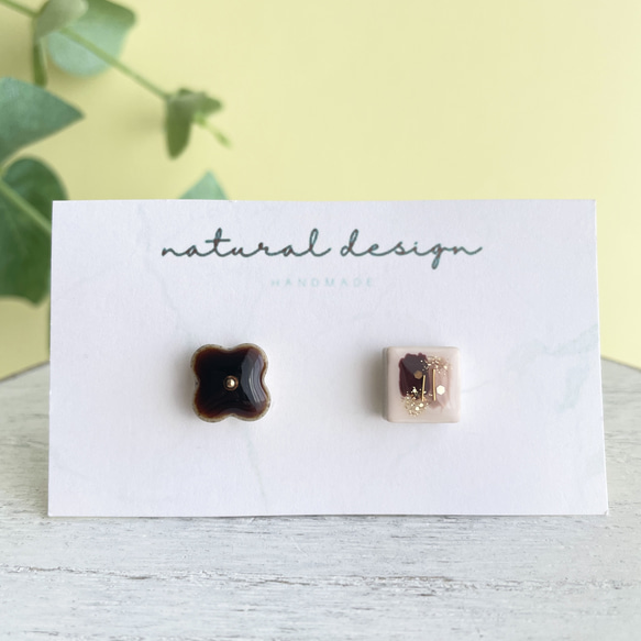 ブラウン　ベージュ　ゴールド　大人かわいい　ニュアンスデザイン　美濃焼　陶器　タイル　ピアス　イヤリング 1枚目の画像