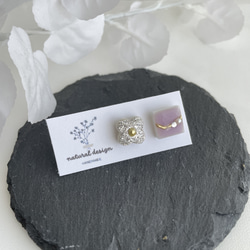 シルバー　ライトパープル　ニュアンスデザイン　パール　美濃焼　陶器　タイル　ピアス　イヤリング 2枚目の画像