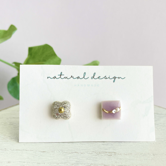 シルバー　ライトパープル　ニュアンスデザイン　パール　美濃焼　陶器　タイル　ピアス　イヤリング 1枚目の画像