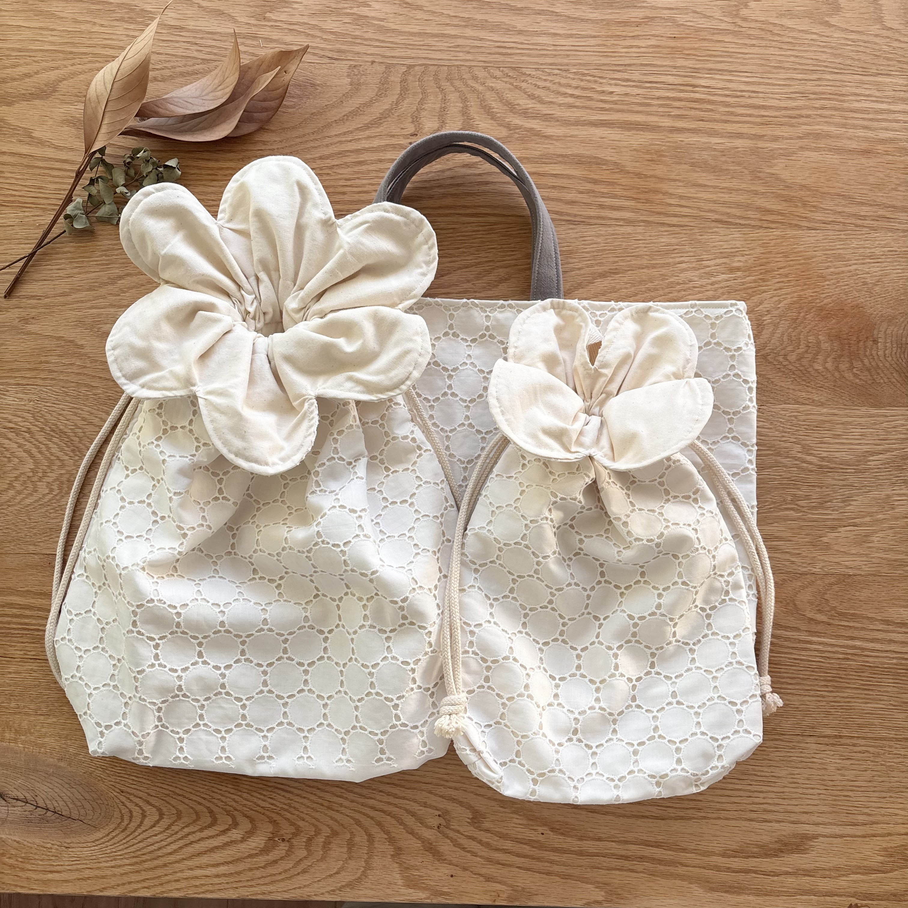 【イニシャル刺繍可】入園入学3点セット（サークルレース）/ハナマルコ巾着（上履き袋、体操袋）とレッスンバッグ