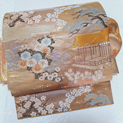 ワンタッチ帯 くらわん帯 正絹袋帯リメイク 金糸松梅菊紅葉御所解文様  
