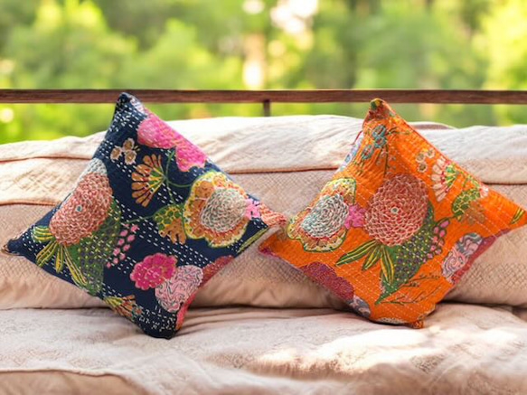 手縫いカンタのクッションカバー ブロックプリント インド 45cm × 45cm