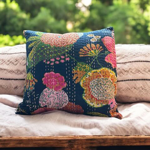 クッションカバー インドカンタ刺繡 フローラル グレー かじかむ