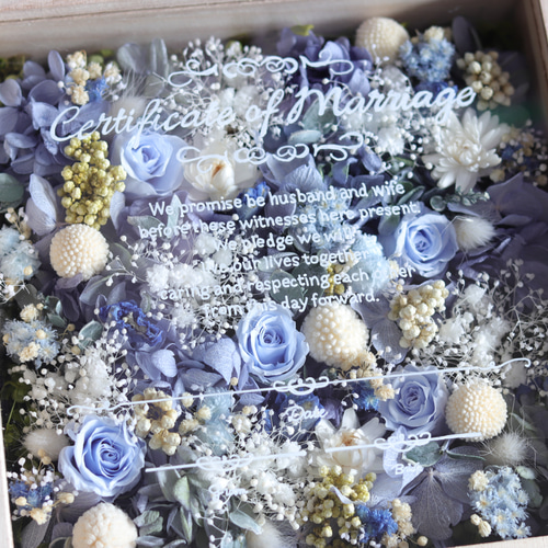 参加型結婚証明書】“ブルーローズ&ナチュラルグリーン”桐箱フレーム