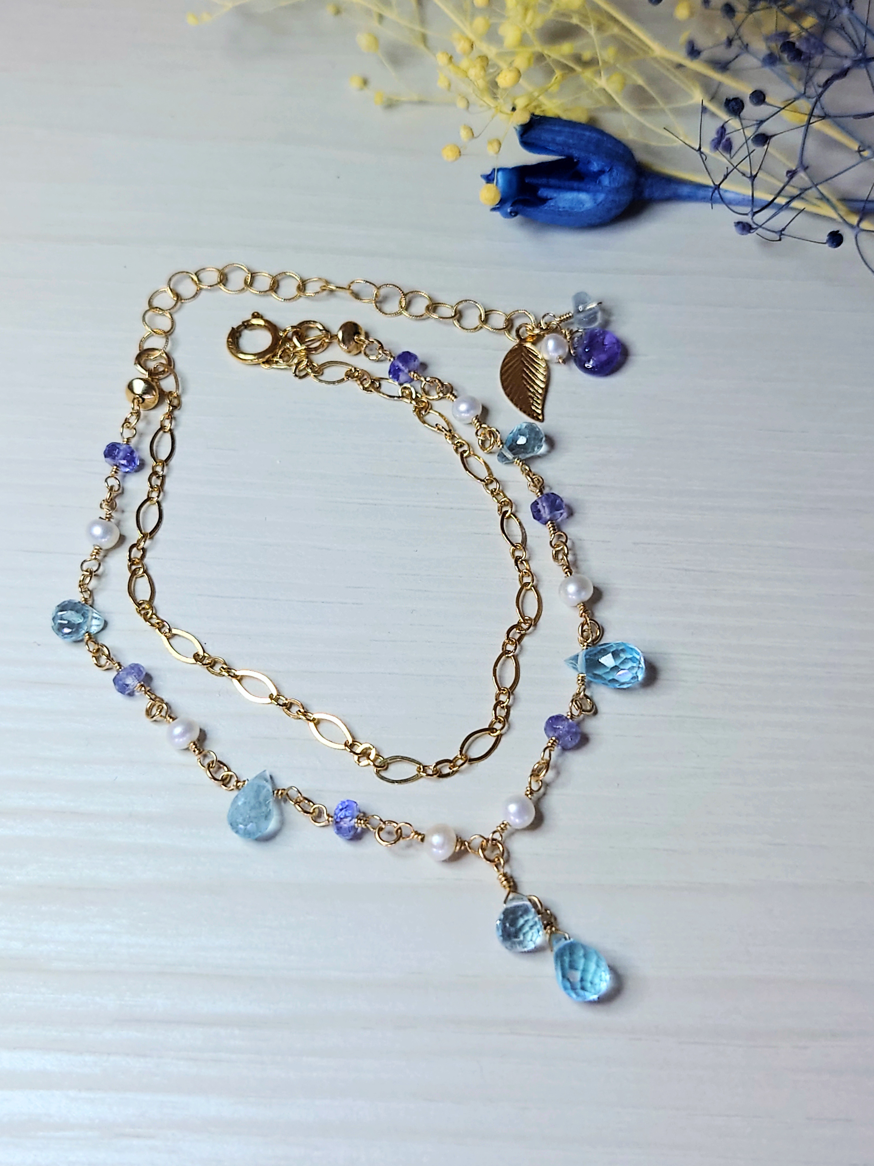 14Kgf アクアマリンの夏色ドロップブレスレット