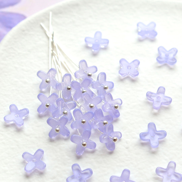 オリジナル新作★7mm ライラック　藤　ラベンダー　アジサイ　ミニお花のガラスビーズ　パステルパープル 15枚目の画像