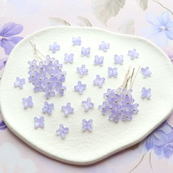 オリジナル新作★7mm ライラック　藤　ラベンダー　アジサイ　ミニお花のガラスビーズ　パステルパープル 18枚目の画像