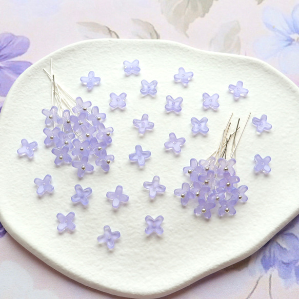 オリジナル新作★7mm ライラック　藤　ラベンダー　アジサイ　ミニお花のガラスビーズ　パステルパープル 20枚目の画像
