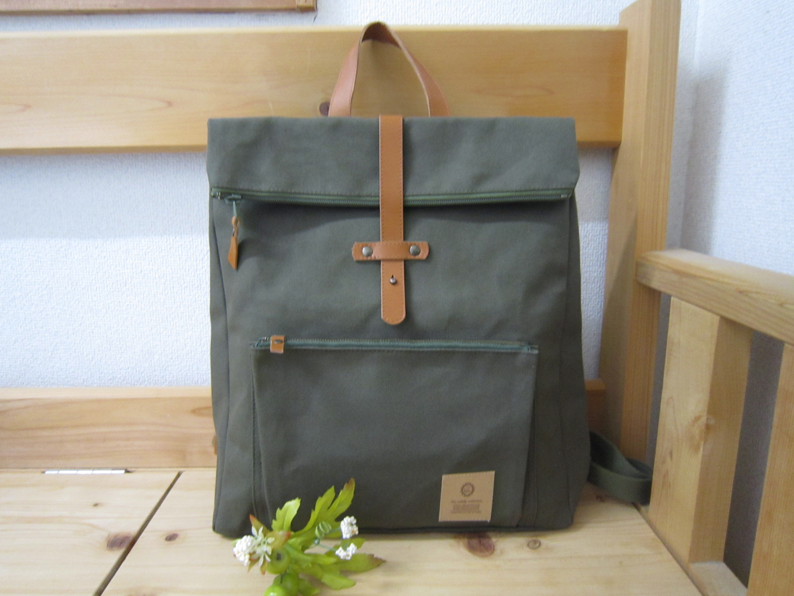 富士金梅８号帆布＆革＊リュック＊持ち手革＊裏地付＊A4対応＊前後ポケット付＊カーキ