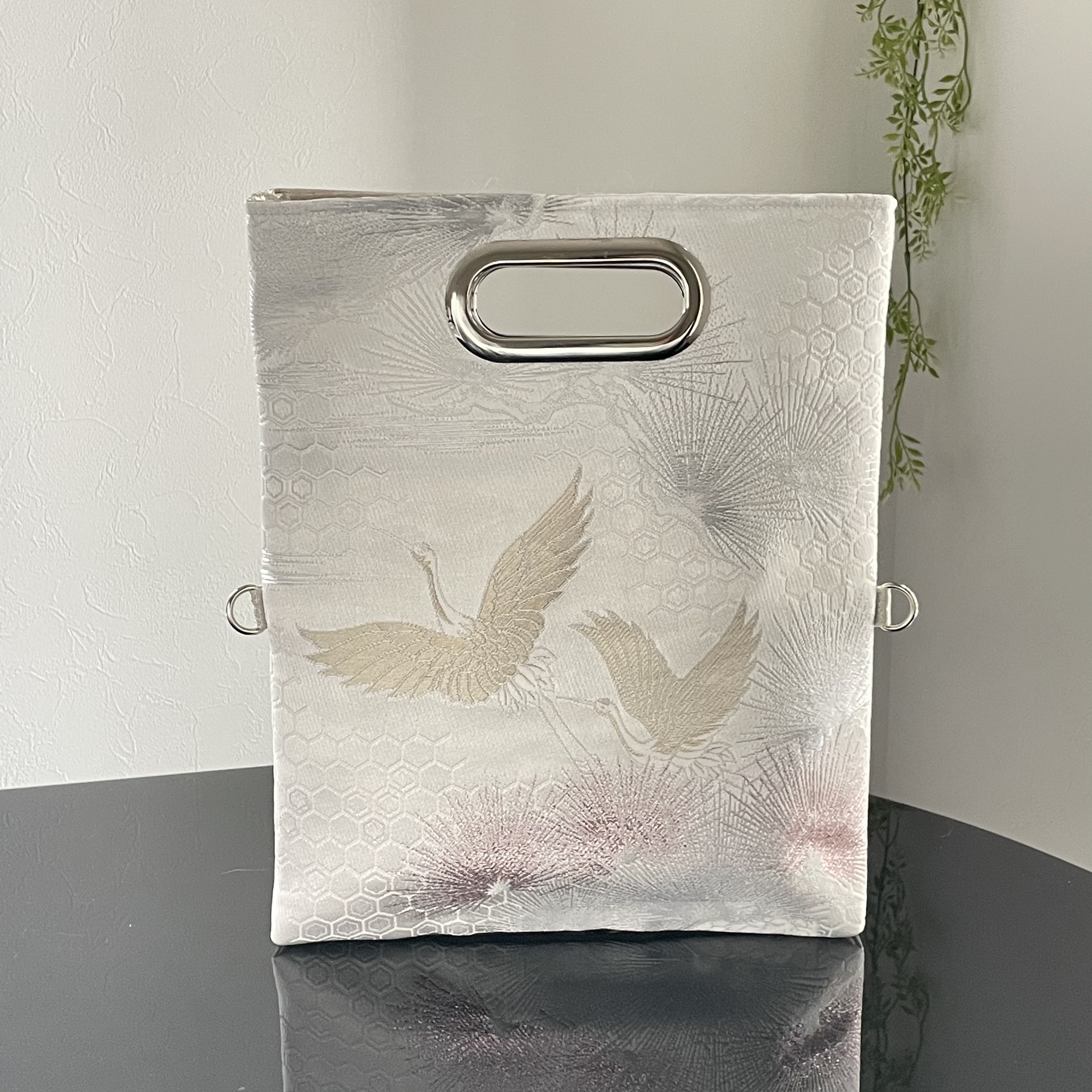 帯リメイク3wayバッグ　和装バッグ　鶴と松　クラッチバッグ　チェーン付