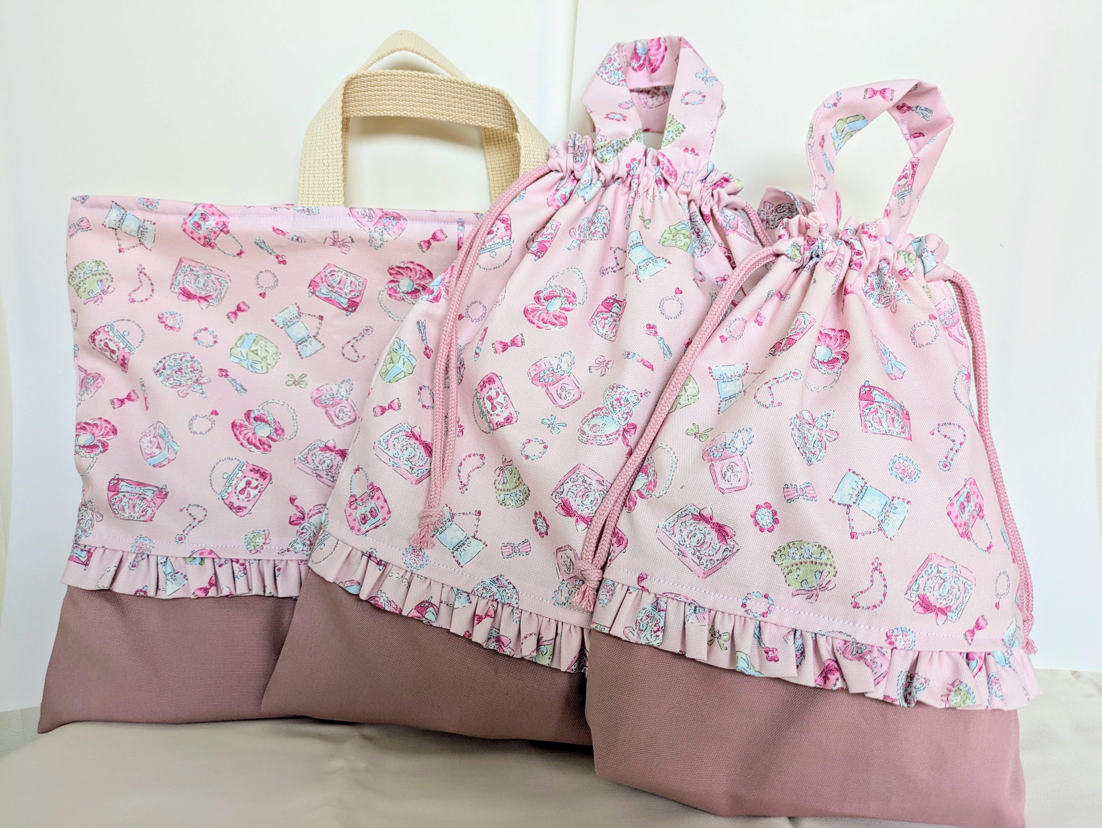 入園入学3点セット　ジュエリーボックスフリル　上靴いれ　体操服入れ　レッスンバッグ　女の子