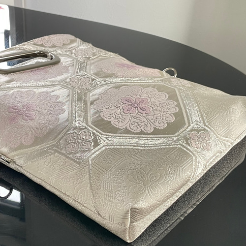 帯帯リメイク3wayバッグ和装バッグシルバーと紫の蜀江文チェーン付