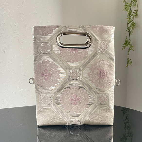 帯帯リメイク3wayバッグ 和装バッグ シルバーと紫の蜀江文 チェーン付