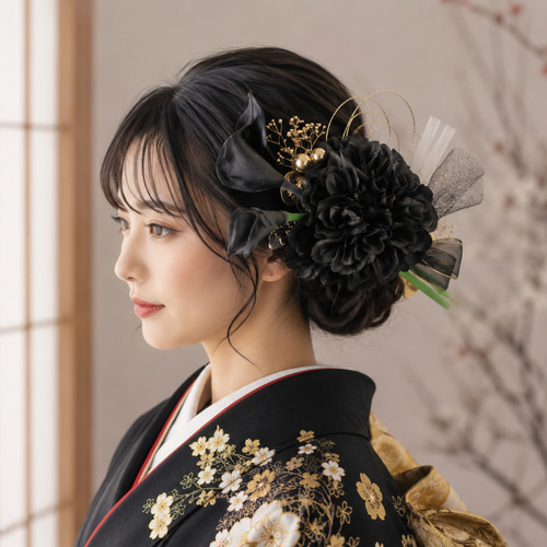 漆黒＿＿黒ダリアとカラーリリーの髪飾り チュール 卒業式 成人式 結婚