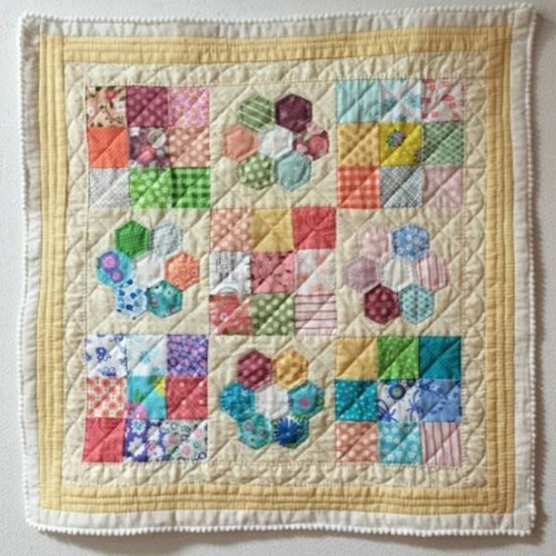 ヘキサゴン イエロー パッチワークキルト マット タペストリー