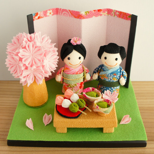 つまみ細工 ちりめん お花見 桜 だんご お抹茶 屏風 木製黒台 その他