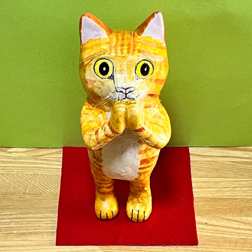 バリ猫 真鍮製 大きめ ウェルカム猫 皿持ち猫 銅像 ブロンズ像 置物