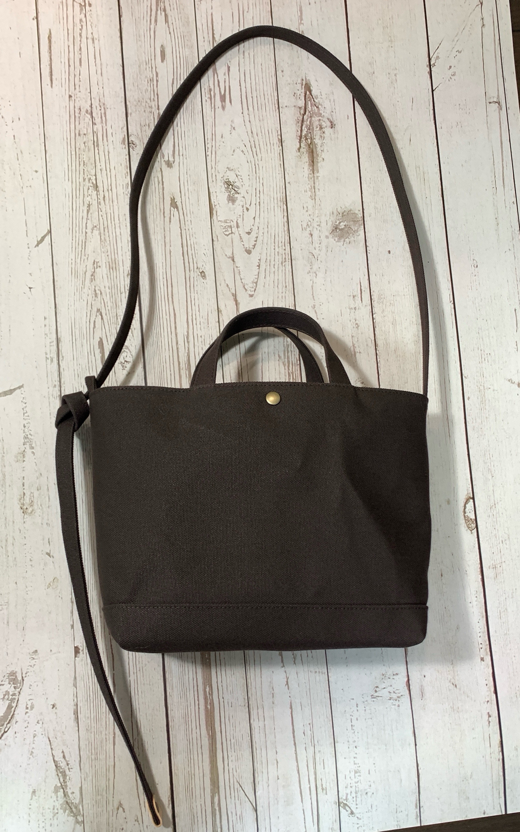 国産帆布　結んで長さ調節　トートバッグ  2way  シンプル  (ダークブラウン)